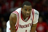HOUSTON - APRIL 19:  Tracy McGrady #1 of the Houston Rockets looks across the court in Game One of the Western Conference Quarterfinals against the Utah Jazz during the 2008 NBA Playoffs on April 19, 2008 at the Toyota Center in Houston, Texas.  The Jazz won 93-82.  NOTE TO USER: User expressly acknowledges and agrees that, by downloading and or using this photograph, User is consenting to the terms and conditions of the Getty Images License Agreement. (Photo by Stephen Dunn/Getty Images)