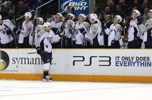 SAN JOSE, CA - NOVEMBER 10: Michael Santorelli #18 of the Nashville Predators celebrates after scoring in the first period against the San Jose Sharks during their NHL game at the HP Pavilion on November 10, 2009 in San Jose, California.(Photo by Jed Jacobsohn/Getty Images)