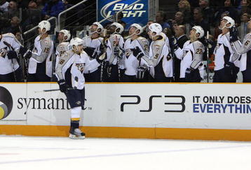 SAN JOSE, CA - NOVEMBER 10: Michael Santorelli #18 of the Nashville Predators celebrates after scoring in the first period against the San Jose Sharks during their NHL game at the HP Pavilion on November 10, 2009 in San Jose, California.(Photo by Jed Jacobsohn/Getty Images)