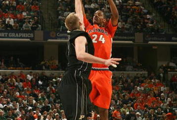 INDIANAPOLIS - MARCH 14:  Mike Davis #24 of the Illinois Fighting Illini attempts a shot against Robbie Hummel #4 of the Purdue Boilermakers during their semifinal game of the Big Ten Men's Basketball Tournament at Conseco Fieldhouse on March 14, 2009 in Indianapolis, Indiana.  (Photo by Jonathan Daniel/Getty Images)