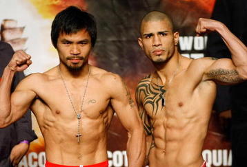 LAS VEGAS - NOVEMBER 13:  Manny Pacquiao (L) and WBO welterweight champion Miguel Cotto stand next to each other during the weigh-in for their bout at the MGM Grand Garden Arena on November 13, 2009 in Las Vegas, Nevada. Pacquiao and Cotto will meet in a WBO welterweight title fight at the MGM Grand on November 14. Pacquiao weighed in at 144 pounds and Cotto weighed in at 145 pounds.  (Photo by Ethan Miller/Getty Images)