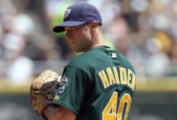 CHICAGO - JULY 06: Rich Harden #40 of the Oakland Athletics pitches against the Chicago White Sox on July 6, 2008 at U.S. Cellular Field in Chicago, Illinois. The White Sox defeated the Athletics 4-3. (Photo by Jonathan Daniel/Getty Images) 
