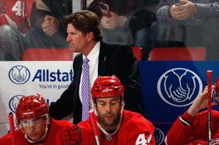DETROIT - OCTOBER 10: Head coach Mike Babcock of the Detroit Red Wings looks on during the game against the Washington Capitals on October 10, 2009 at Joe Louis Arena in Detroit, Michigan. (Photo by Gregory Shamus/Getty Images)