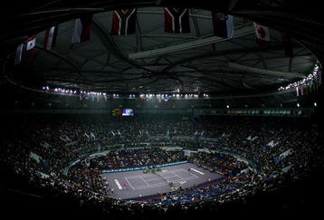 SHANGHAI, CHINA - NOVEMBER 16:  A general view as Novak Djokovic of Serbia serves to Nikolay Davydenko of Russia during the finals of the Tennis Masters Cup at Qi Zhong Stadium November 16, 2008 in Shanghai, China.  (Photo by Matthew Stockman/Getty Images)