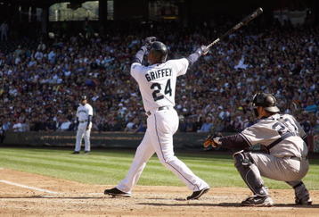 SEATTLE - SEPTEMBER 20:  Ken Griffey Jr #24 of the Seattle Mariners makes a hit during the game against the New York Yankees on September 20, 2009 at Safeco Field in Seattle, Washington. (Photo by Otto Greule Jr/Getty Images)  