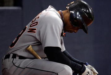 MINNEAPOLIS - OCTOBER 06:  Curtis Granderson #28 of the Detroit Tigers waits in the on deck circle during the American League Tiebreaker game against the Minnesota Twins on October 6, 2009 at Hubert H. Humphrey Metrodome in Minneapolis, Minnesota.  (Photo by Jamie Squire/Getty Images)