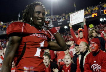 CINCINNATI - NOVEMBER 13:  Mardy Gilyard #1 of the Cincinnati Bearcats celebrates his teams 24-21 victory over the West Virginia Mountaineers in the game at Nippert Stadium on November 13, 2009 in Cincinnati, Ohio.  (Photo by Andy Lyons/Getty Images)