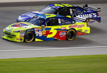 JOLIET, IL - JULY 11: Mark Martin, driver of the #5 CARQUEST/Kellogg's Chevrolet, races Jimmie Johnson, driver of the #48 Lowe's Chevrolet, during the NASCAR Sprint Cup Series LifeLock.com 400 at Chicagoland Speedway on July 11, 2009 in Joliet, Illinois.  (Photo by Geoff Burke/Getty Images for NASCAR)