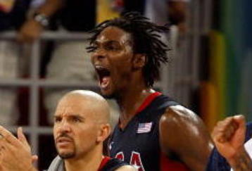 BEIJING - AUGUST 24:  (L-R)  Michael Redd #8, Jason Kidd #5, Chris Bosh #12, Chris Paul #13 and Carmelo Anthony #15 cheer from the bench in the gold medal game against Spain during Day 16 of the Beijing 2008 Olympic Games at the Beijing Olympic Basketball Gymnasium on August 24, 2008 in Beijing, China.  (Photo by Streeter Lecka/Getty Images)