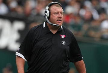 OAKLAND, CA - OCTOBER 18:  Head coach Tom Cable of the Oakland Raiders looks on against the Philadelphia Eagles during an NFL game at the Oakland-Alameda County Coliseum on October 18, 2009 in Oakland, California.  (Photo by Jed Jacobsohn/Getty Images)