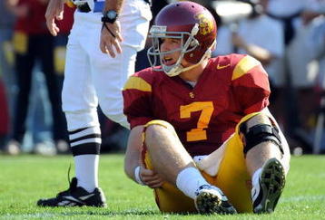 LOS ANGELES, CA - NOVEMBER 14:  Matt Barkley #7 of the USC Trojans reacts to an incompleted pass on third down against Stanford Cardinal during the first half at the Los Angeles Memorial Coliseum on November 14, 2009 in Los Angeles, California.  (Photo by Harry How/Getty Images)
