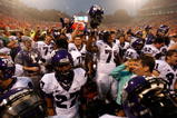 CLEMSON, SC - SEPTEMBER 26:  Team members of the TCU Horned Frogs celebrate after a 14-10 victory over the Clemson Tigers during their game at Memorial Stadium on September 26, 2009 in Clemson, South Carolina.  (Photo by Streeter Lecka/Getty Images)