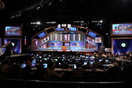 NEW YORK - JUNE 25: A general view of the stage during the 2009 NBA Draft at the Wamu Theatre at Madison Square Garden June 25, 2009 in New York City. NOTE TO USER: User expressly acknowledges and agrees that, by downloading and/or using this Photograph, User is consenting to the terms and conditions of the Getty Images License Agreement. (Photo by Jim McIsaac/Getty Images)