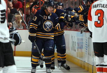 PHILADELPHIA - NOVEMBER 14:  Tyler Ennis #63 of the Buffalo Sabres celebrates after scoring his first NHL goal against the Philadelphia Flyers on November 14, 2009 at Wachovia Center in Philadelphia, Pennsylvania.  (Photo by Jim McIsaac/Getty Images)