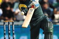 JOHANNESBURG, SOUTH AFRICA - OCTOBER 03:  Younus Khan of Pakistan hits a boundary off James Franklin of New Zealand during the ICC Champions Trophy semi final match between New Zealand and Pakistan from Liberty Life Wanderers on October 03, 2009 in Johannesburg, South Africa.  (Photo by Duif du Toit/Gallo Images/Getty Images)