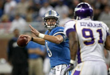 DETROIT - SEPTEMBER 20:  Quarterback Matthew Stafford #9 of the Detroit Lions throws a pass against the Minnesota Vikings at Ford Field on September 20, 2009 in Detroit, Michigan. The Vikings won 27-13.  (Photo by Stephen Dunn/Getty Images)