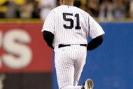 NEW YORK - SEPTEMBER 21: Former New York Yankee Bernie Williams runs onto the field during a pregame ceremony prior to the start of the last regular season game at Yankee Stadium between the Baltimore Orioles and the New York Yankees on September 21, 2008 in the Bronx borough of New York City. The Yankees are playing their final season in the 85 year old ball park and plan on moving into the new Yankee Stadium across the street to start the 09 season. (Photo by Jim McIsaac/Getty Images)
