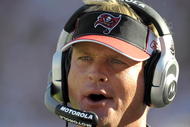 TAMPA, FL - DECEMBER 28: Coach Jon Gruden of the Tampa Bay Buccaneers directs play against the Oakland Raiders at Raymond James Stadium on December 28, 2008 in Tampa, Florida.  (Photo by Al Messerschmidt/Getty Images)