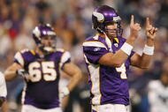 MINNEAPOLIS - NOVEMBER 15: Quarterback Brett Favre #4 of the Minnesota Vikings shows the bench how far away they Vikings are from a first down in the second quarter against the Detroit Lions on November 15, 2009 at Hubert H. Humphrey Metrodome in Minneapoils, Minnesota. (Photo by Elsa/Getty Images)