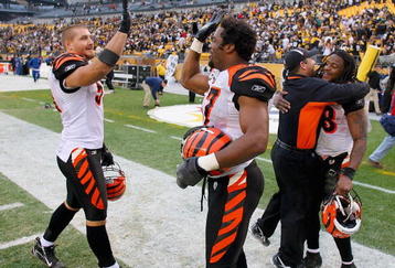 PITTSBURGH - NOVEMBER 15: Dan Skuta #51, Dhani Jones #57, Bernard Scott #28 and a coach  of the Cincinnati Bengals celebrate their win over the Pittsburgh Steelers at Heinz Field on November 15, 2009 in Pittsburgh, Pennsylvania. The Bengals won 18-12.  (Photo by Rick Stewart/Getty Images)