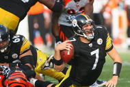 PITTSBURGH - NOVEMBER 15: Ben Roethlisberger #7 of the Pittsburgh Steelers is sacked by Jonathan Fanene #68 of the Cincinnati Bengals at Heinz Field on November 15, 2009 in Pittsburgh, Pennsylvania.  (Photo by Rick Stewart/Getty Images)