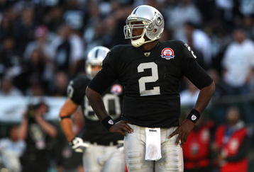 OAKLAND, CA - NOVEMBER 15:  JaMarcus Russell #2 of the Oakland Raiders looks on against the Kansas City Chiefs during an NFL game at Oakland-Alameda County Coliseum on November 15, 2009 in Oakland, California.  (Photo by Jed Jacobsohn/Getty Images)