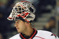 NASHVILLE, TN - SEPTEMBER 26:  Goalie Michael Leighton #49 of the Carolina Hurricanes skates during a pre-season NHL Hockey game at the Sommet Center on September 26, 2009 in Nashville, Tennessee.  (Photo by Frederick Breedon/Getty Images)