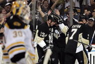 PITTSBURGH, PA - NOVEMBER 14: Bill Guerin #13 of the Pittsburgh Penguins celebrates with Sidney Crosby #87 after scoring the game tying goal with seconds remaining in the third period against the Boston Bruins at Mellon Arena on November 14, 2009 in Pittsburgh, Pennsylvania. (Photo by Justin K. Aller/Getty Images)