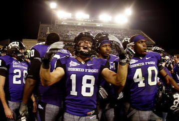 FORT WORTH, TX - NOVEMBER 14: Ryan Christian #18 of the TCU Horned Frogs celebrates his teams 55-28 victory over the Utah Utes at Amon G. Carter Stadium on November 14, 2009 in Fort Worth, Texas. (Photo by Ronald Martinez/Getty Images)