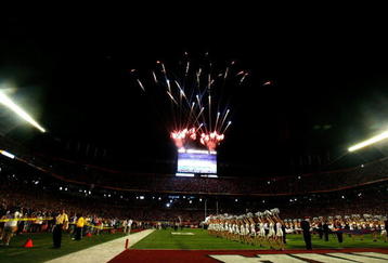 MIAMI - JANUARY 08:  Fireworks go off during pregame festivities prior to the FedEx BCS National Championship game between the Oklahoma Sooners and the Florida Gators at Dolphin Stadium on January 8, 2009 in Miami, Florida.  (Photo by Doug Benc/Getty Images)
