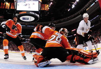 PHILADELPHIA - OCTOBER 10: Goaltender Ray Emery #29 of the Philadelphia Flyers makes the kick save on Corey Perry #10 of the Anaheim Ducks as Chris Pronger #20 looks on at the Wachovia Center on October 10, 2009 in Philadelphia, Pennsylvania.  (Photo by Bruce Bennett/Getty Images)