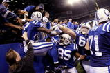INDIANAPOLIS - NOVEMBER 15:  Reggie Wayne #87 of the Indianapolis Colts celebrates his touchdown with teammates and fans in the fourth quarter of the game against the New England Patriots at Lucas Oil Stadium on November 15, 2009 in Indianapolis, Indiana.  (Photo by Jamie Squire/Getty Images)