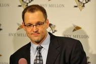 PITTSBURGH - MARCH 25:  Head coach Dan Bylsma of the PIttsburgh Penguins addresses the media after the Penguins defeated the Calgary Flames 2-0 on March 25, 2009 at Mellon Arena in Pittsburgh, Pennsylvania.  (Photo by Jamie Sabau/Getty Images)