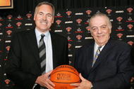 NEW YORK - MAY 13:  New head coach of the New York Knicks Mike D'Antoni (L) and team president Donnie Walsh (R) poses for a photo on May 13, 2008 at Madison Square Garden in New York City. NOTE TO USER: User expressly acknowledges and agrees that, by downloading and or using this Photograph, User is consenting to the terms and conditions of the Getty Images License Agreement.  (Photo by Mike Stobe/Getty Images)