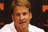 KNOXVILLE, TN - SEPTEMBER 12: Lane Kiffin, head coach of the Tennessee Volunteers talks in the press conference after a game against the UCLA Bruins on September 12, 2009 at Neyland Stadium in Knoxville, Tennessee. UCLA beat Tennessee 19-15. (Photo by Joe Murphy/Getty Images)