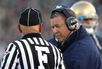 SOUTH BEND, IN - OCTOBER 17: Head coach Charlie Weis of the Notre Dame Fighting Irish talks with a referee during a game against the USC Trojans at Notre Dame Stadium on October 17, 2009 in South Bend, Indiana. USC defeated Notre Dame 34-27. (Photo by Jonathan Daniel/Getty Images)