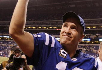 INDIANAPOLIS - NOVEMBER 15: Quarterback Peyton Manning #18 of the Indianapolis Colts celebrates his teams 35-34 victory over the New England Patriots after the game at Lucas Oil Stadium on November 15, 2009 in Indianapolis, Indiana.  (Photo by Andy Lyons/Getty Images)