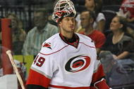 NASHVILLE, TN - SEPTEMBER 26: Goalie Michael Leighton #49 of the Carolina Hurricanes skates during a pre-season NHL Hockey game at the Sommet Center on September 26, 2009 in Nashville, Tennessee. (Photo by Frederick Breedon/Getty Images)