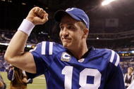 INDIANAPOLIS - NOVEMBER 15: Quarterback Peyton Manning #18 of the Indianapolis Colts celebrates his teams 35-34 victory over the New England Patriots after the game at Lucas Oil Stadium on November 15, 2009 in Indianapolis, Indiana.  (Photo by Andy Lyons/Getty Images)