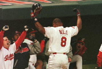 4 Oct 1996: Albert Belle of the Cleveland Indians cheers on the fans after hitting a grand slam against the Baltimore Orioles in the seventh inning. The Indians defeated the Orioles 9-4 in game three of the American League Divisional Series at Jacobs Fiel