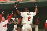 4 Oct 1996: Albert Belle of the Cleveland Indians cheers on the fans after hitting a grand slam against the Baltimore Orioles in the seventh inning. The Indians defeated the Orioles 9-4 in game three of the American League Divisional Series at Jacobs Fiel