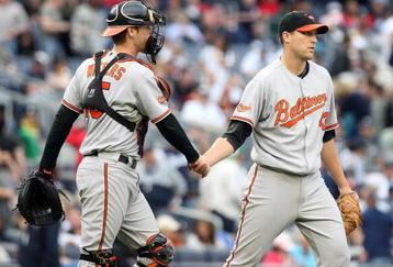 NEW YORK - SEPTEMBER 12: (L-R) Matt Wieters #15 of the Baltimore Orioles celebrates the win with pitcher Jim Johnson #43 against the New York Yankees on September 12, 2009 at Yankee Stadium in the Bronx borough of New York City.  (Photo by Nick Laham/Getty Images)