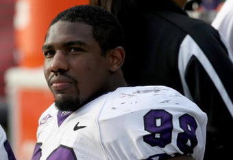 SAN DIEGO - NOVEMBER 07:  Defensive end Jerry Hughes #98 of the Texas Christian University Horned Frogs on the sidelines in the game with the San Diego State Aztecs on November 7, 2009 at Qualcomm Stadium in San Diego, California.   TCU won 55-12.  (Photo by Stephen Dunn/Getty Images)