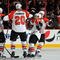 PHILADELPHIA - NOVEMBER 14:  Chris Pronger #20 of the Philadelphia Flyers celebrates his goal against the Buffalo Sabres with his teammates on November 14, 2009 at Wachovia Center in Philadelphia, Pennsylvania. The Sabres defeated the Flyers 3-2.  (Photo by Jim McIsaac/Getty Images)