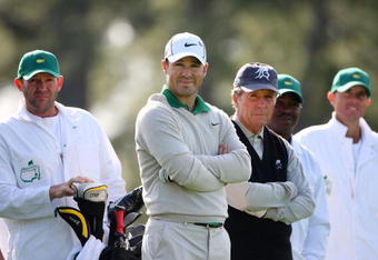 AUGUSTA, GA - APRIL 06:  Trevor Immelman and Gary Player of South Africa wait on a tee box during a practice round prior to the 2009 Masters Tournament at Augusta National Golf Club on April 6, 2009 in Augusta, Georgia.  (Photo by Andrew Redington/Getty Images)
