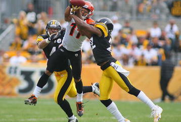 PITTSBURGH - NOVEMBER 15:  Troy Polamalu #43 and William Gay #22  of the Pittsburgh Steelers break up a pass intended for Laveranues Coles #11 of the Cincinnati Bengals  at Heinz Field on November 15, 2009 in Pittsburgh, Pennsylvania.  (Photo by Rick Stewart/Getty Images)