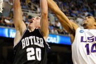 GREENSBORO, NC - MARCH 19:  Garrett Temple #14 of the Louisiana State University Tigers blocks a shot by Gordon Hayward #20 of the Butler Bulldogs during the first round of the NCAA Division I Men's Basketball Tournament at the Greensboro Coliseum on March 19, 2009 in Greensboro, North Carolina.  (Photo by Streeter Lecka/Getty Images)