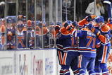 EDMONTON, AB - OCTOBER 3:  Gilbert Brule celebrates his goal with teammates (L-R) Andrew Cogliano, Lubomir Visnovsky, Ladislav Smid and Dustin Penner against the Calgary Flames in the second period during an NHL game on October 3, 2009 at Rexall Arena in Edmonton, Canada. L(Photo by Jimmy Jeong/Getty Images)