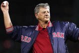BOSTON - OCTOBER 23:  Boston Red Sox hall of famer Carl Yastrzemski throws out the first pitch before game one of the World Series between the St. Louis Cardinals and the Red Sox on October 23, 2004 at Fenway Park in Boston, Massachusetts. (Photo by Al Bello/Getty Images)