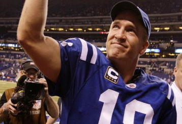 INDIANAPOLIS - NOVEMBER 15: Quarterback Peyton Manning #18 of the Indianapolis Colts celebrates his teams 35-34 victory over the New England Patriots after the game at Lucas Oil Stadium on November 15, 2009 in Indianapolis, Indiana.  (Photo by Andy Lyons/Getty Images)